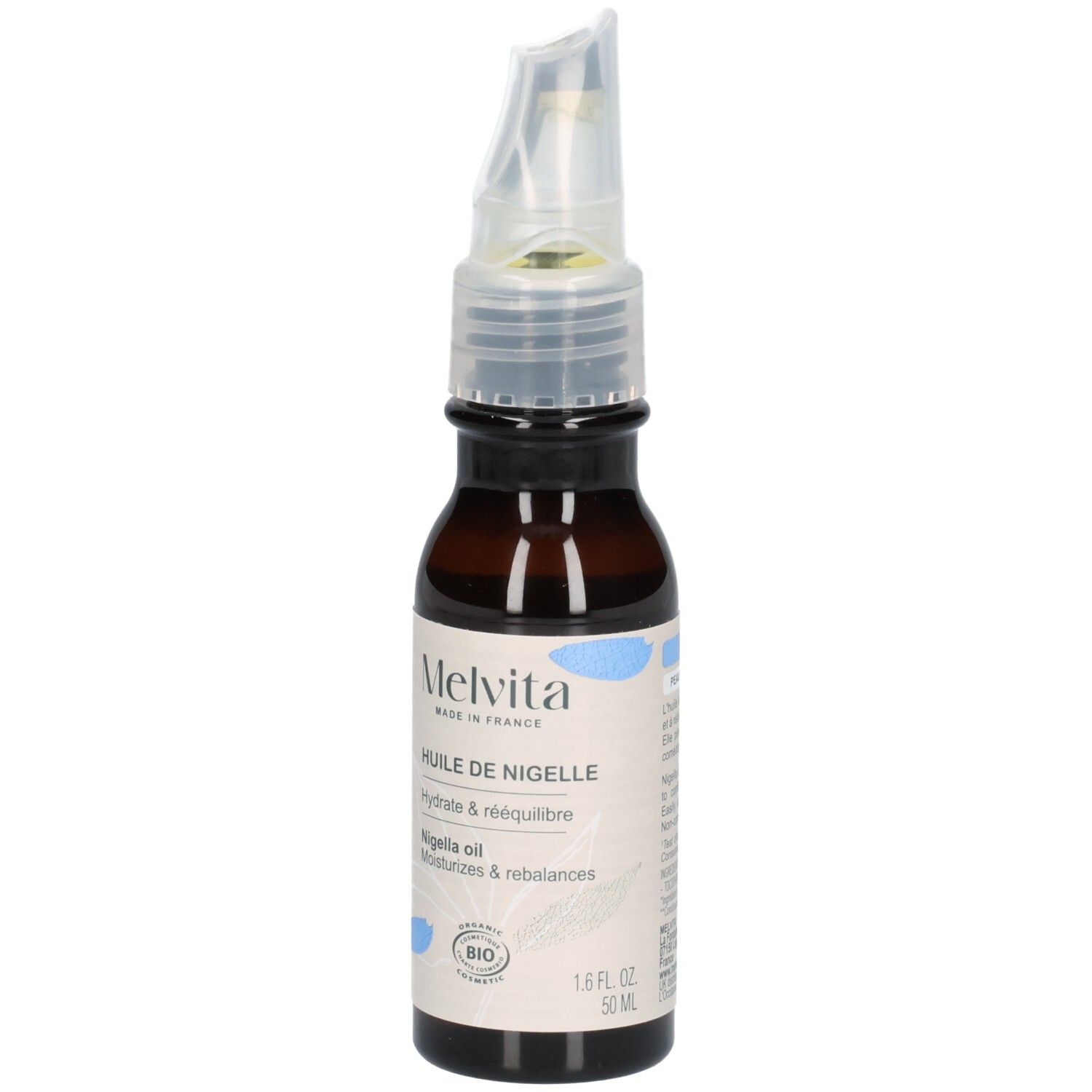 Melvita Nigellaöl Flasche mit Applikator. Beschriftung mit Bio-Siegel und 50 ml Angabe.