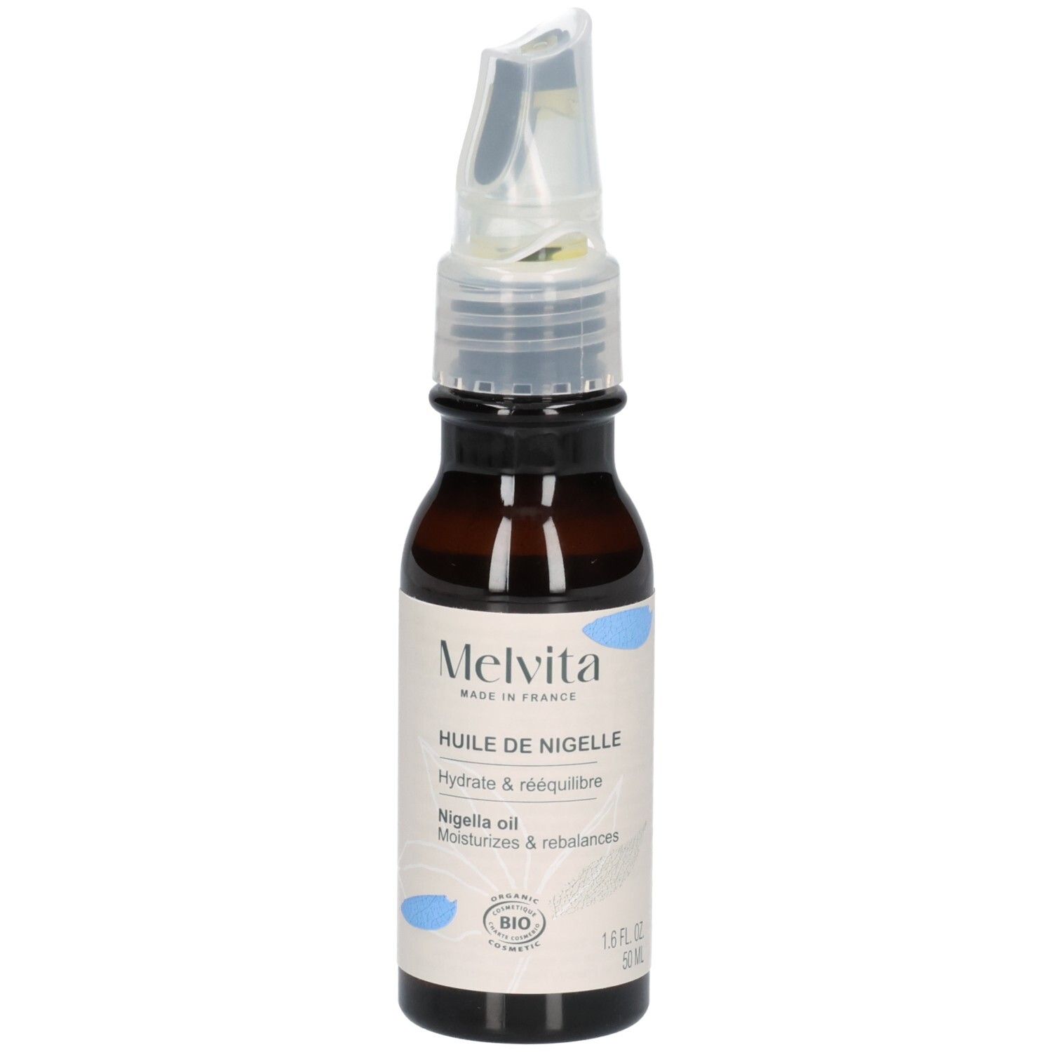 Melvita Nigellaöl Flasche mit Applikator. Bio-Siegel und Made in France Aufschrift.