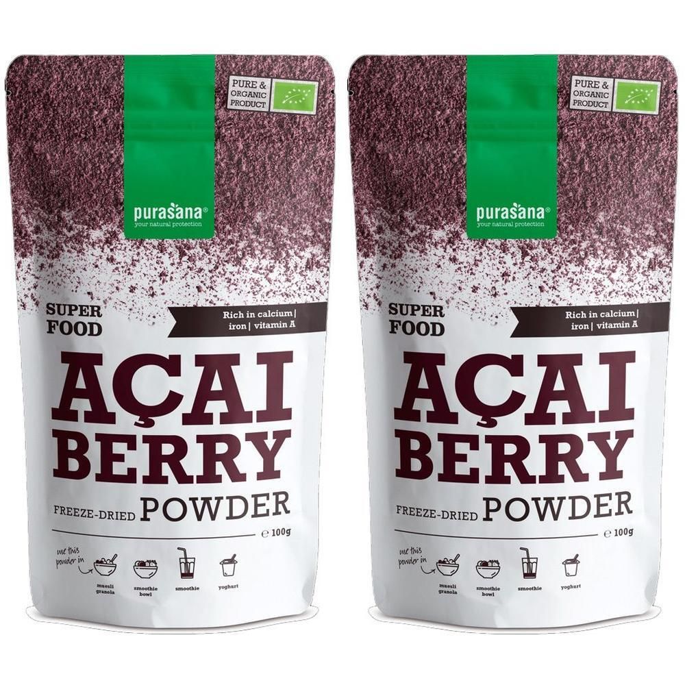 Zwei Beutel Purasana gefriergetrocknetes Açaí-Beerenpulver, Superfood.