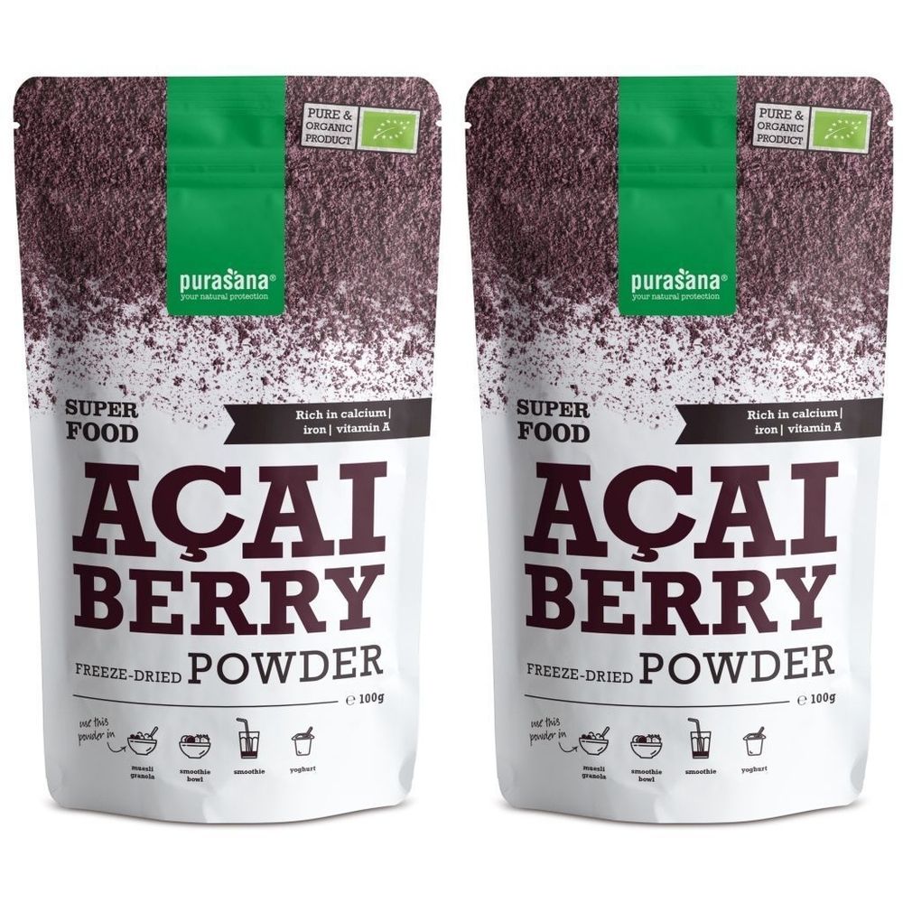 Deux sachets de poudre purasana® ACAIBERRY. Inscription : Superfood, Acai Berry, poudre lyophilisée. Label bio.