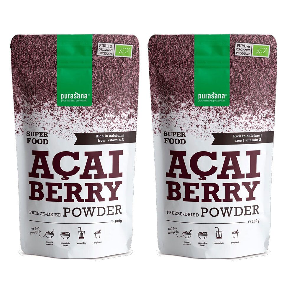 Zwei Beutel purasana® ACAIBERRY Pulver. Aufschrift: Superfood, Acai Berry, gefriergetrocknetes Pulver. Bio-Siegel.