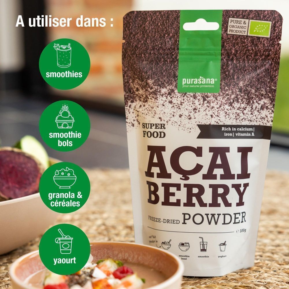 Un sachet de poudre d'açaï lyophilisée Purasana, superaliment, avec icônes de préparation.