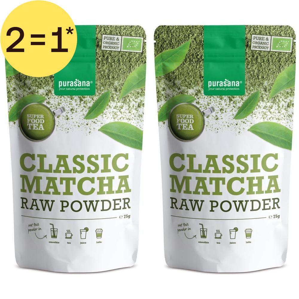 Deux paquets de poudre crue purasana® Classic Matcha, 25g. Autocollant "2=1".