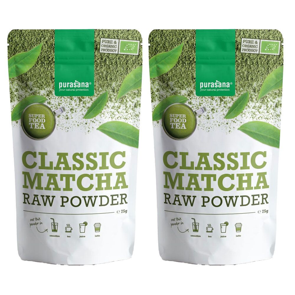 Zwei Packungen purasana® Classic Matcha Rohpulver, 25g.