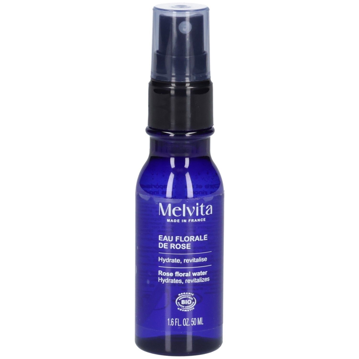 Flacon spray Melvita Eau Florale de Rose 50 ml, verre bleu, avec étiquette et sceau BIO.