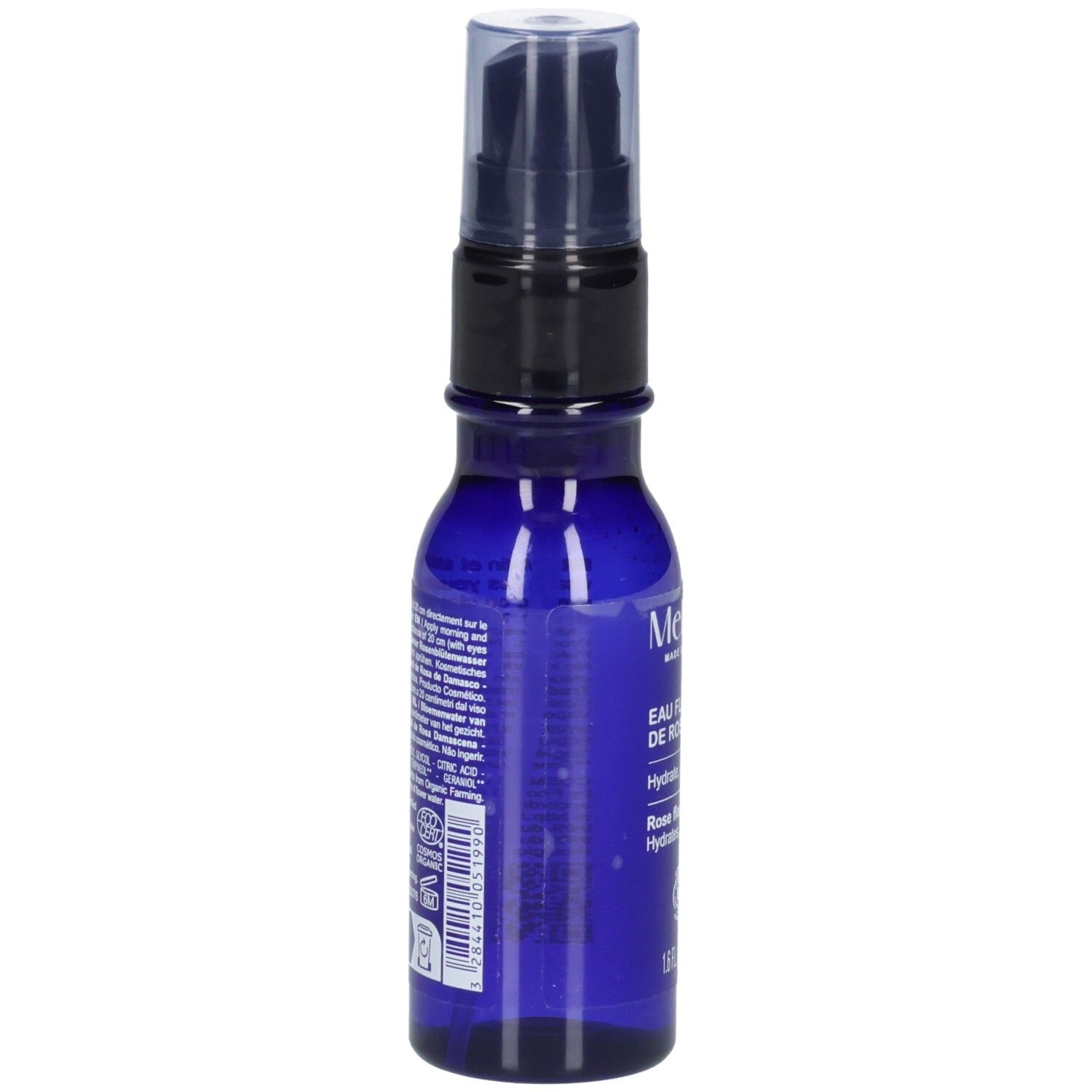 Arrière d'un flacon spray Melvita Eau Florale de Rose 50 ml avec étiquette et ingrédients.