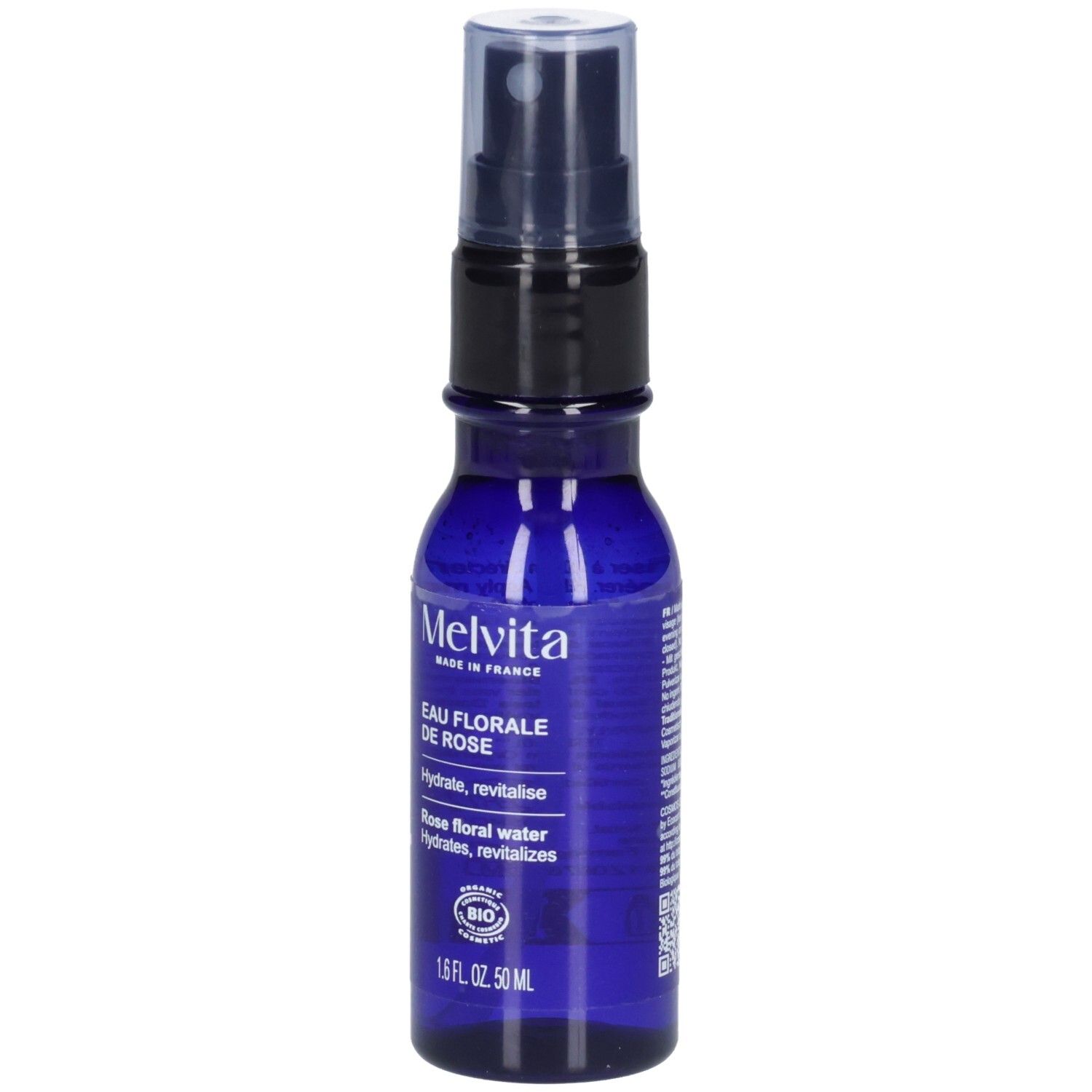 Flacon spray Melvita Eau Florale de Rose 50 ml, verre bleu, avec étiquette et sceau BIO.