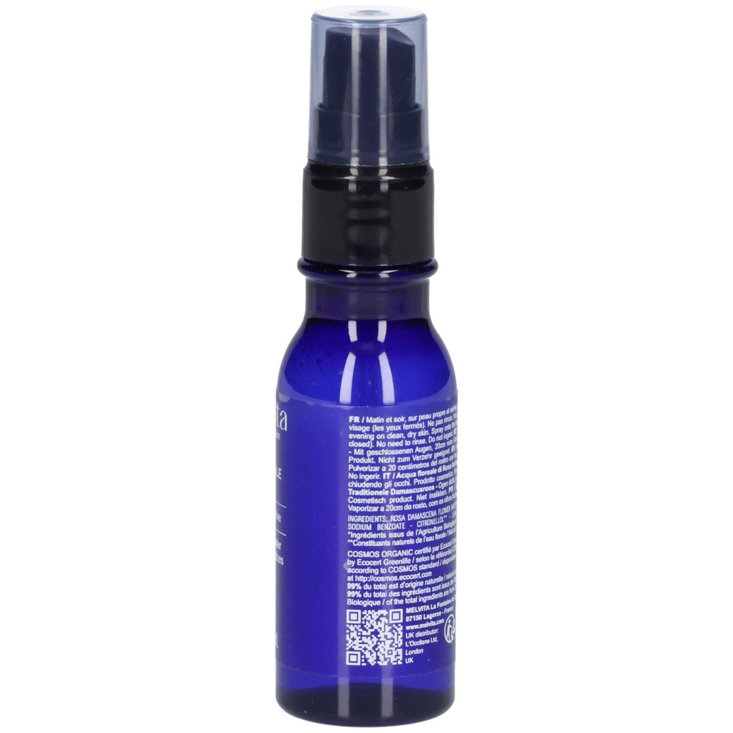 Arrière d'un flacon spray Melvita Eau Florale de Rose 50 ml avec étiquette, sceau COSMOS ORGANIC et QR code.