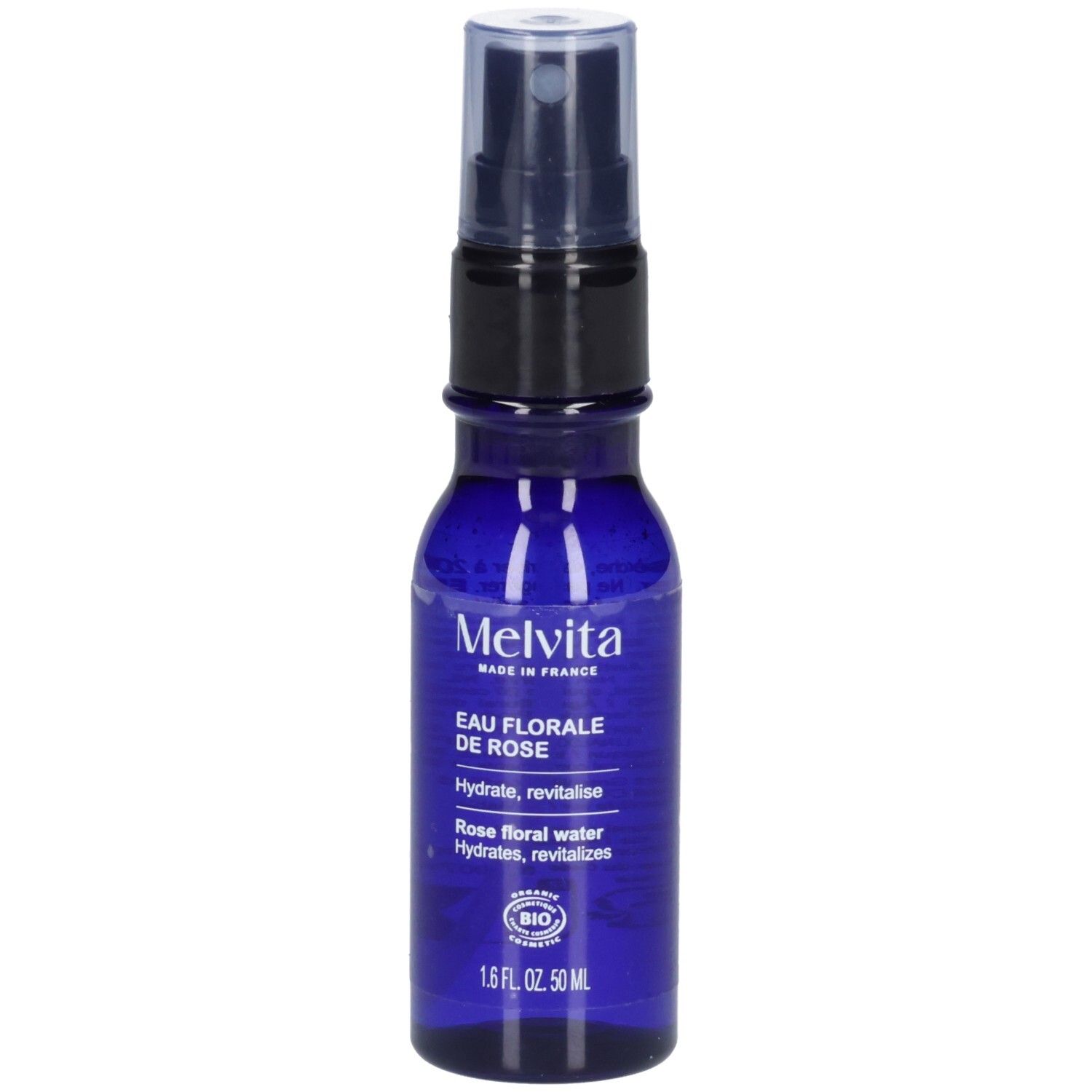 Flacon spray Melvita Eau Florale de Rose 50 ml, verre bleu, avec étiquette et sceau BIO.