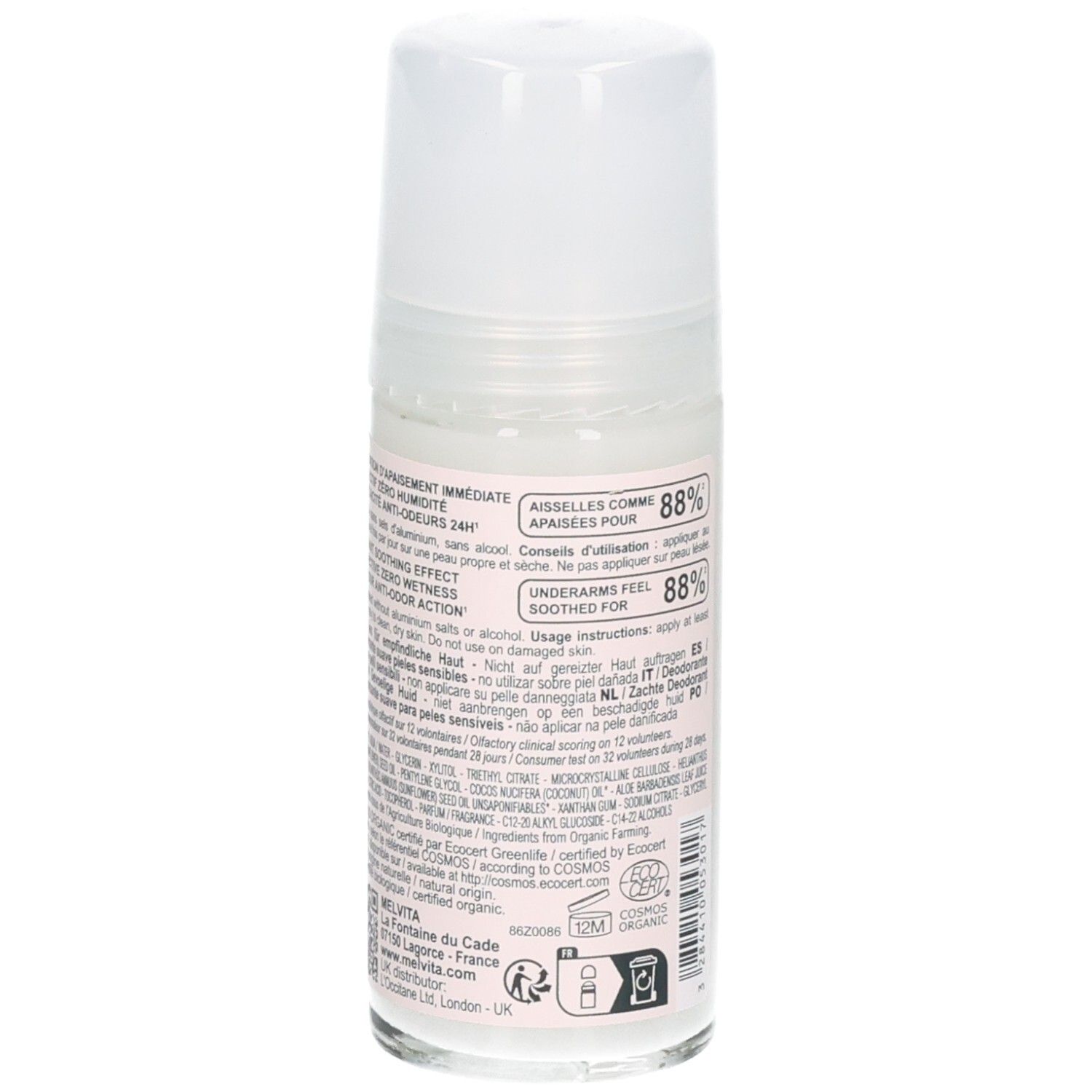Seite Melvita Roll-on Deodorant für empfindliche Haut, mit Anwendungshinweisen und BIO-Siegel.