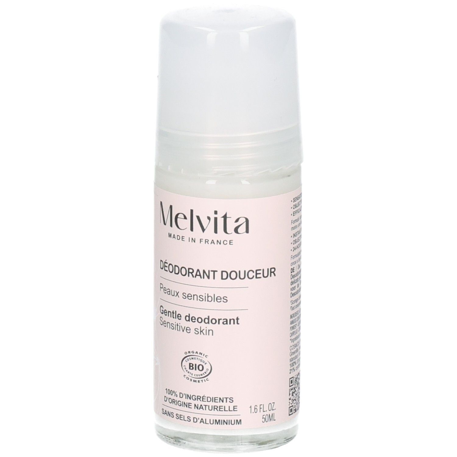Melvita Roll-on Deodorant für empfindliche Haut, 50 ml, mit BIO-Siegel und 100% natürlichen Inhaltsstoffen.