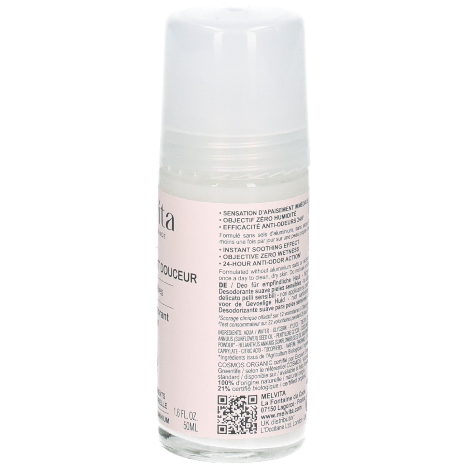 Vorderseite Melvita Roll-on Deodorant für empfindliche Haut, 50 ml, mit BIO-Siegel.