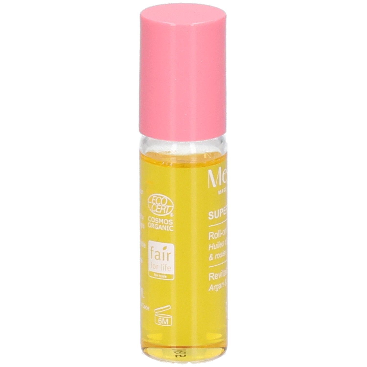 Melvita Roll-on mit rosa Kappe, gefüllt mit gelbem Öl. COSMOS ORGANIC und Fair for Life Siegel.