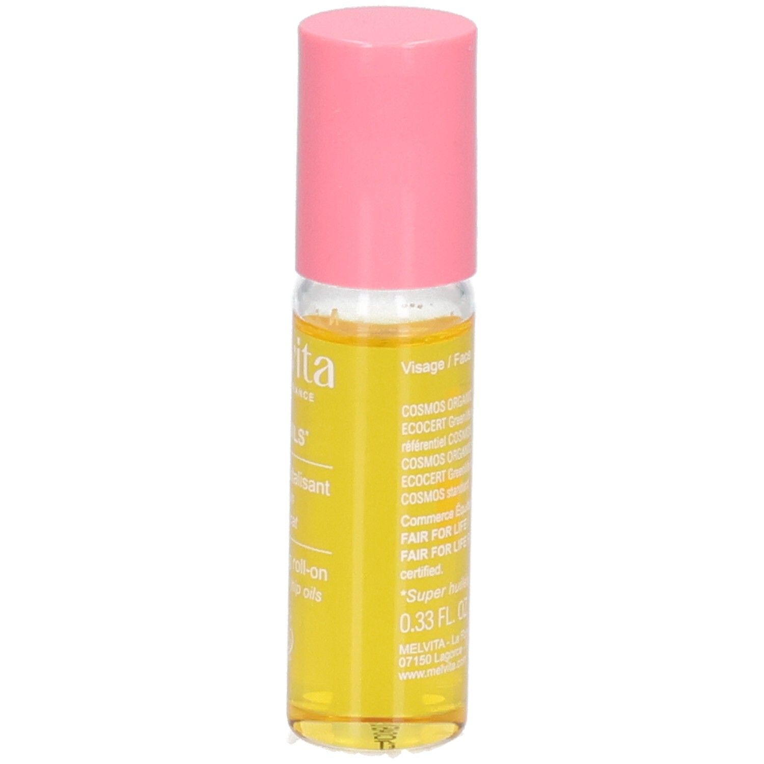 Melvita Roll-on mit rosa Kappe. Gelbes Öl in Glasflasche. Beschriftung mit 'Visage' und COSMOS ORGANIC.