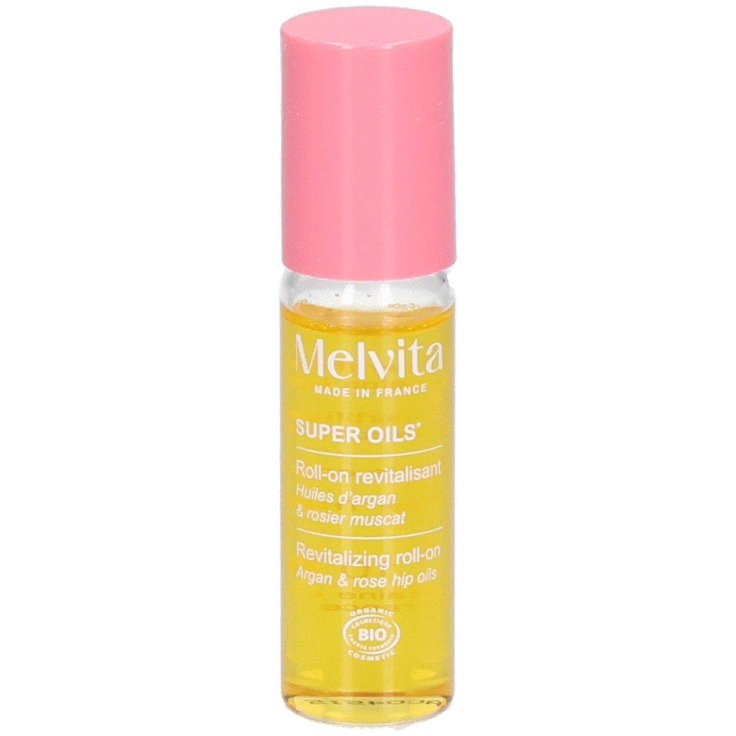 Melvita Roll-on 'SUPER OILS'. Gelbes Öl in Glasflasche mit rosa Kappe. Beschriftung 'Argan & Rosehip'.