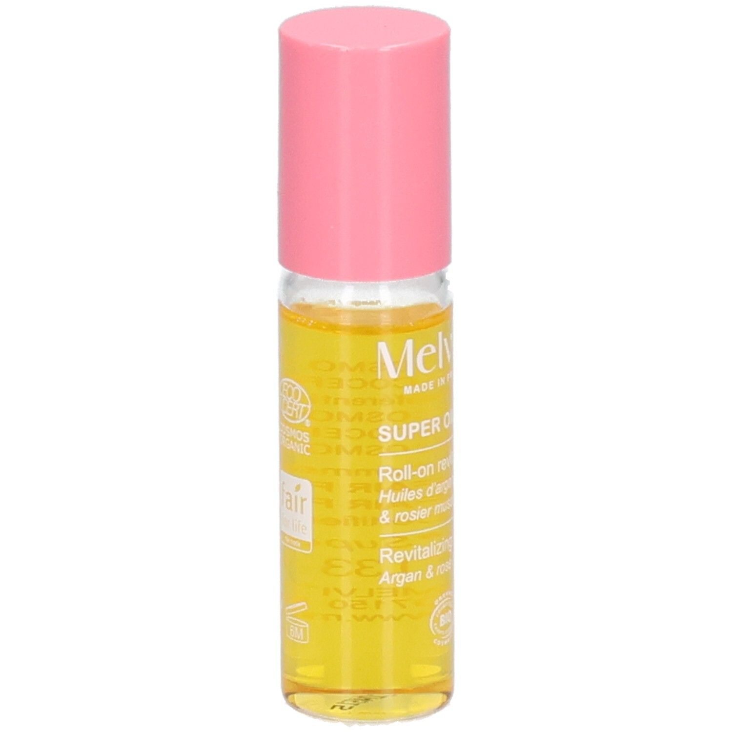 Melvita Roll-on mit rosa Kappe. Gelbes Öl in Glasflasche. COSMOS ORGANIC und Fair for Life Siegel.