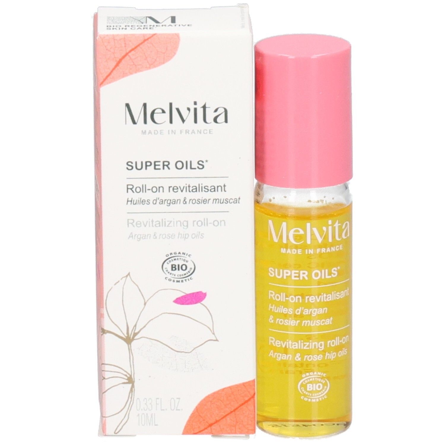 Melvita Roll-on und Verpackung. Gelbes Öl in Glasflasche mit rosa Kappe. BIO-Siegel auf beiden.