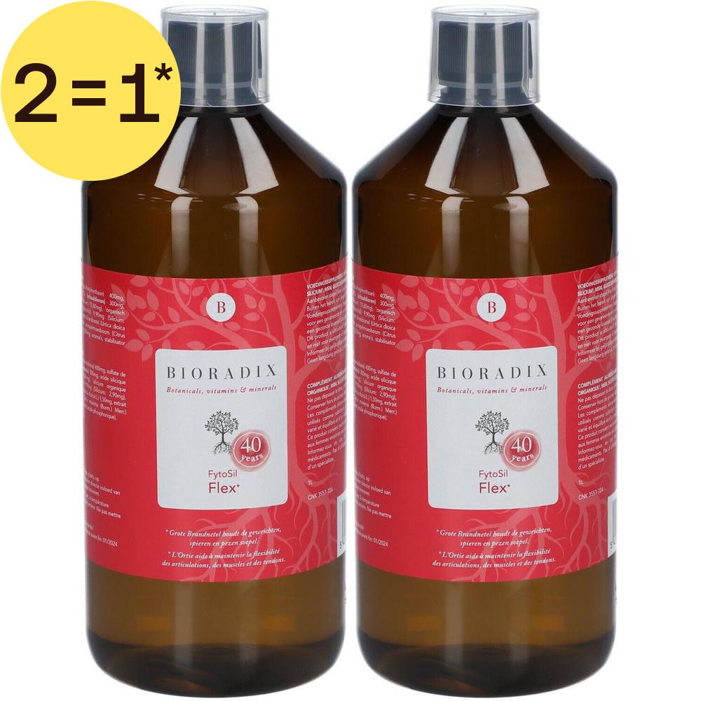 Deux flacons avec étiquette rouge. Inscription: Bioradix Fytosil Flex. Étiquette jaune: 1+1 GRATUIT.