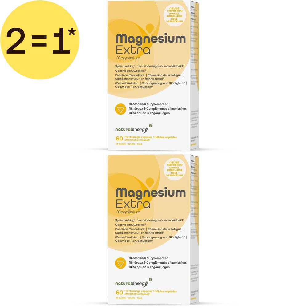 Deux boîtes de Magnesium Extra. Emballage jaune et blanc avec nom et texte du produit. Autocollant 1+1 gratuit.