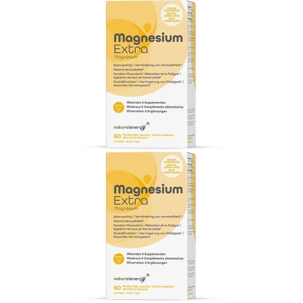 Deux boîtes de Natural Energy Magnesium Extra, complément alimentaire.