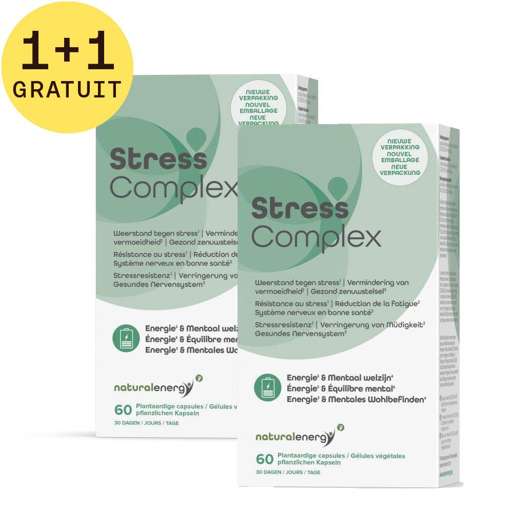 Deux boîtes de Stress Complex. Boîtes vertes et blanches avec nom et texte du produit. Cercle 1+1 GRATUIT en haut à gauche.