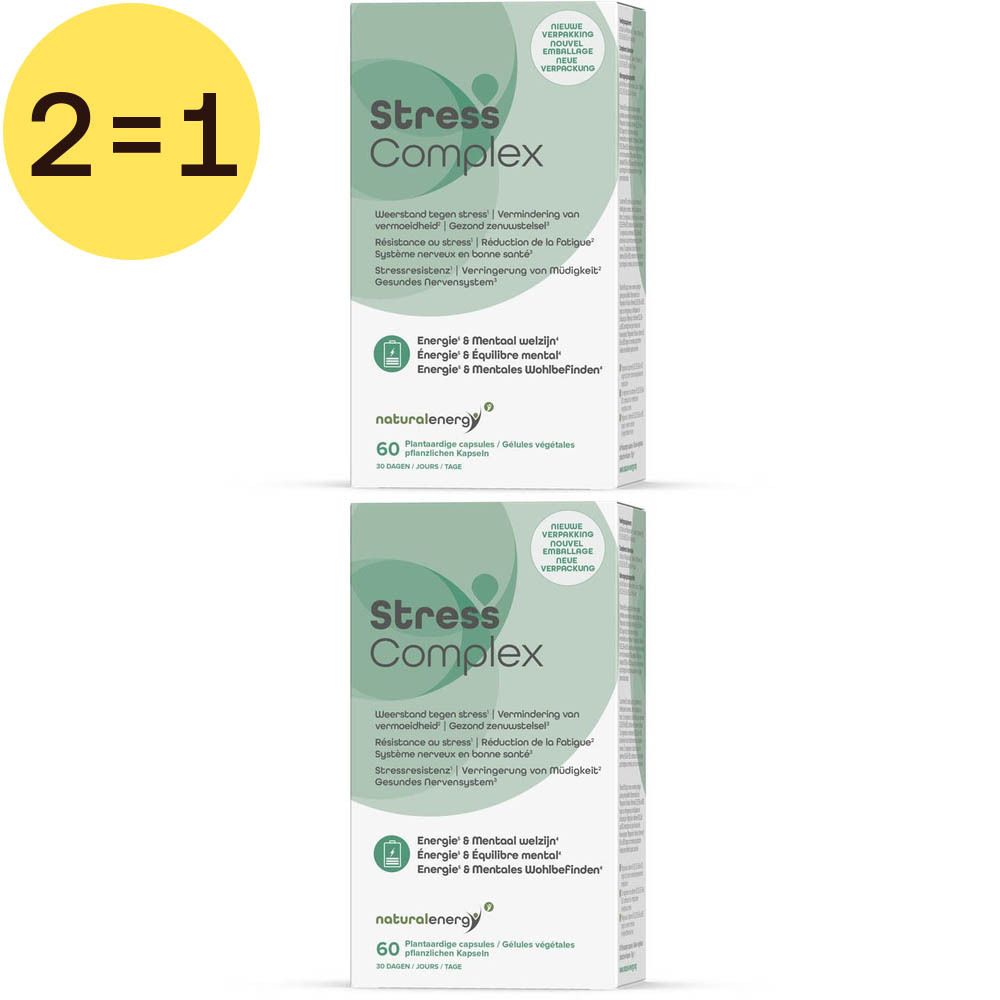 Zwei Packungen Stress Complex. Grün-weiße Schachteln mit Produktnamen und Text. 2=1-Kreis im oberen linken Eck.