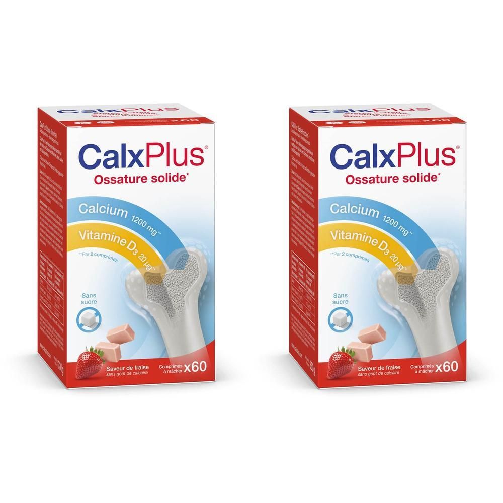 Deux boîtes "CalxPlus" avec autocollant "1+1 GRATUIT". Contient "Ca++ 600", "Vit.D.40", "Vit.K.65".