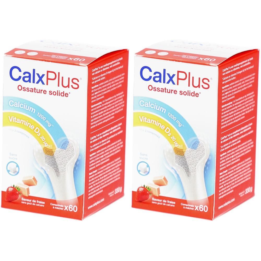 Deux boîtes rouges "CalxPlus", avec "Calcium 1200 mg" et "Vitamine D3 30 μg". Illustration d'un os.