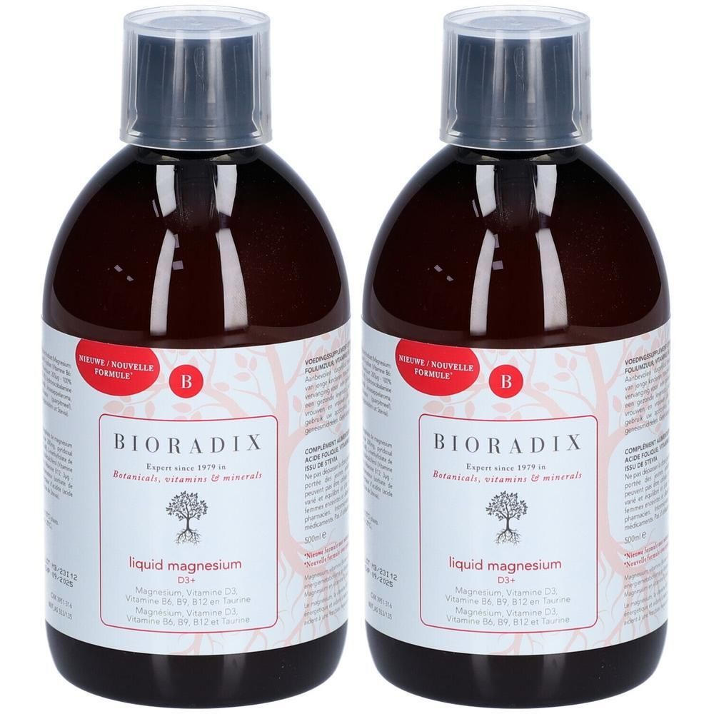Deux bouteilles de BIORADIX Magnésium Liquide D3+ avec des étiquettes montrant un arbre et des informations sur le produit.