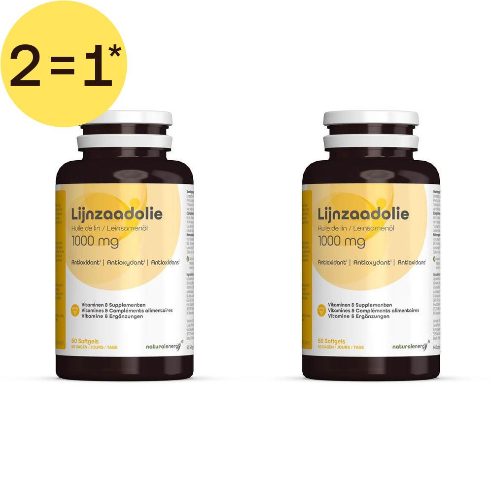 Deux flacons d'huile de lin 1000 mg, 60 capsules molles par flacon. Offre 2=1.