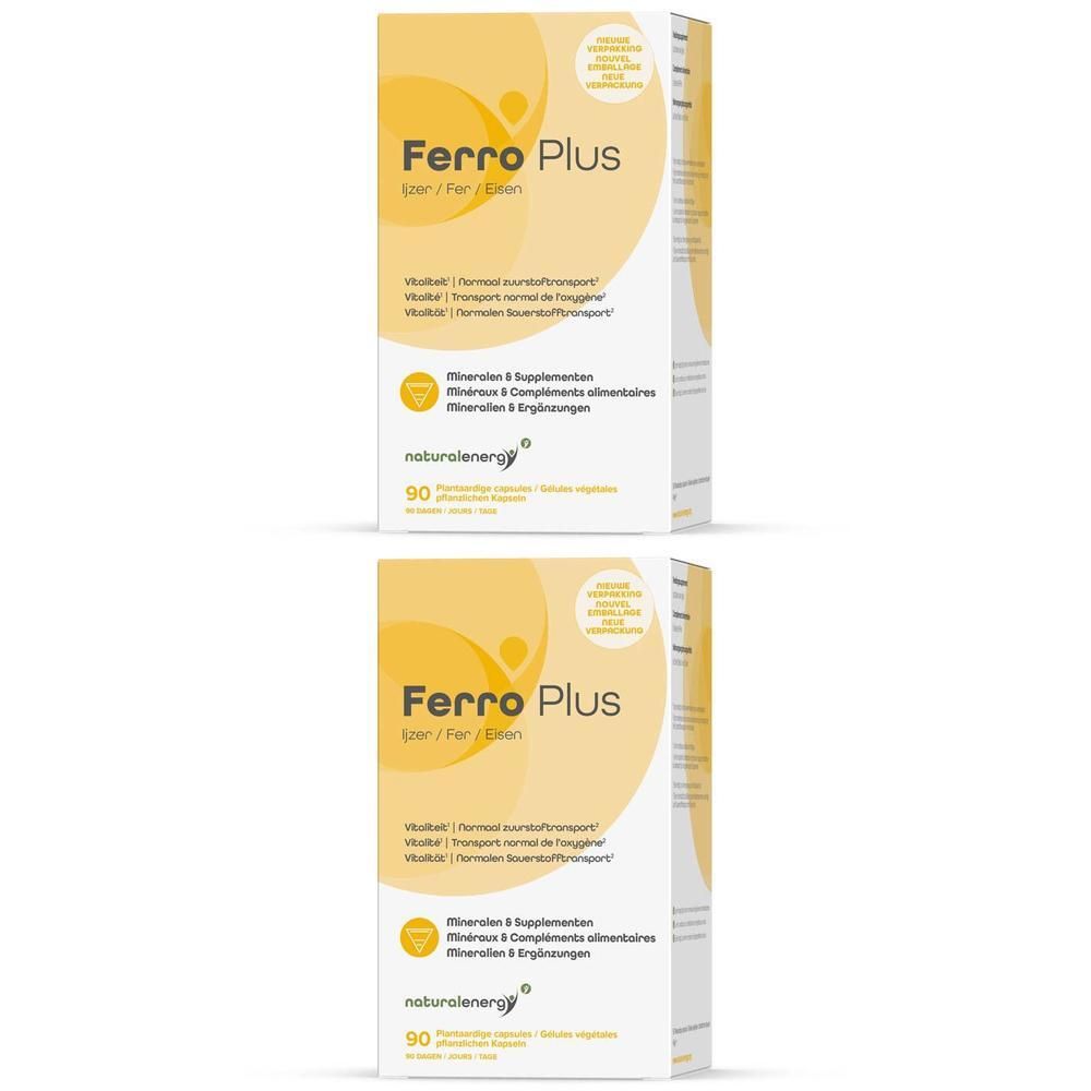 Zwei Packungen Ferro Plus Nahrungsergänzungsmittel mit 90 Kapseln.