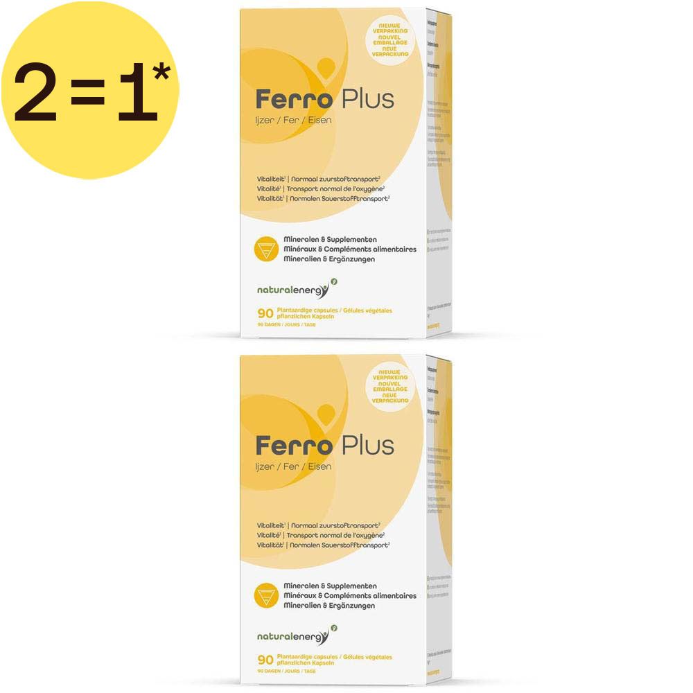 Deux boîtes de Ferro Plus avec l'inscription 1+1 GRATUIT. Emballage blanc avec des accents jaunes. Inscription Ferro Plus, naturanergy et 90 capsules.