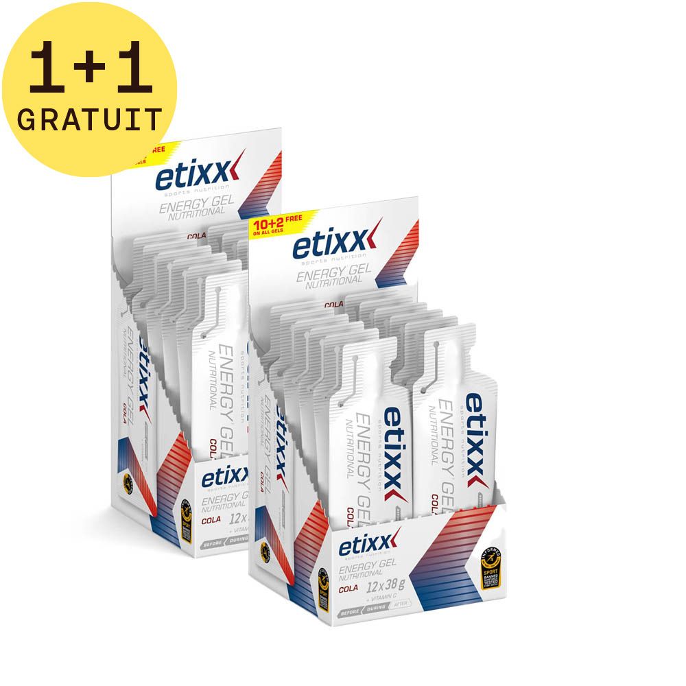 Deux présentoirs Etixx Energy Gel Cola. Sachets blancs individuels. Inscription "1+1 GRATUIT".