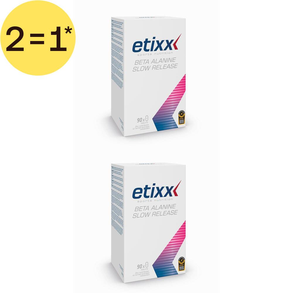 Deux boîtes Etixx Beta Alanine Slow Release. Inscription 1+1 GRATUIT. Emballage rose et blanc avec logo et informations produit.