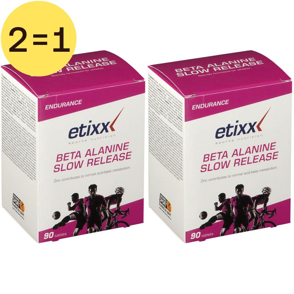 Zwei Etixx Beta Alanine Slow Release-Boxen. Aufschrift: 2=1. Rosa und weiße Verpackung mit Logo und Produktinformationen.