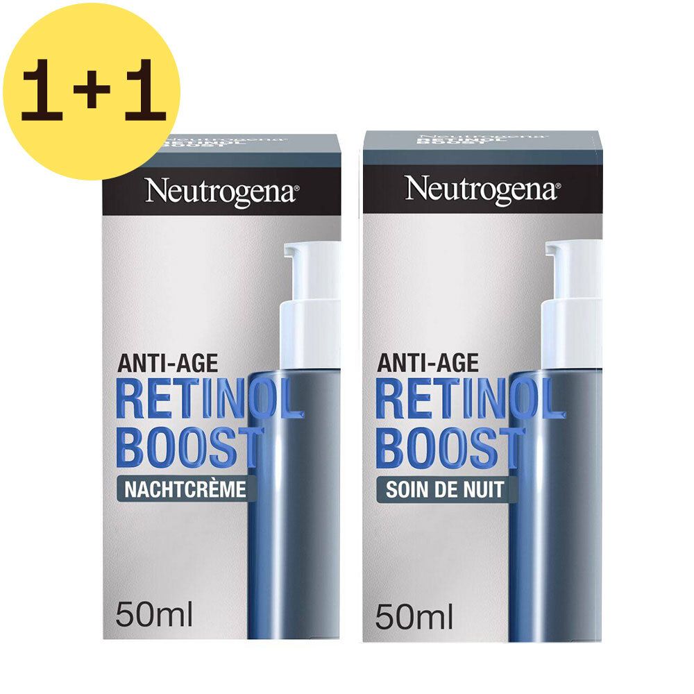 Zwei Packungen Neutrogena Anti-Age Retinol Boost Nachtcreme. Aufdrucke: 1+1, 50ml, Marke und Produktname.