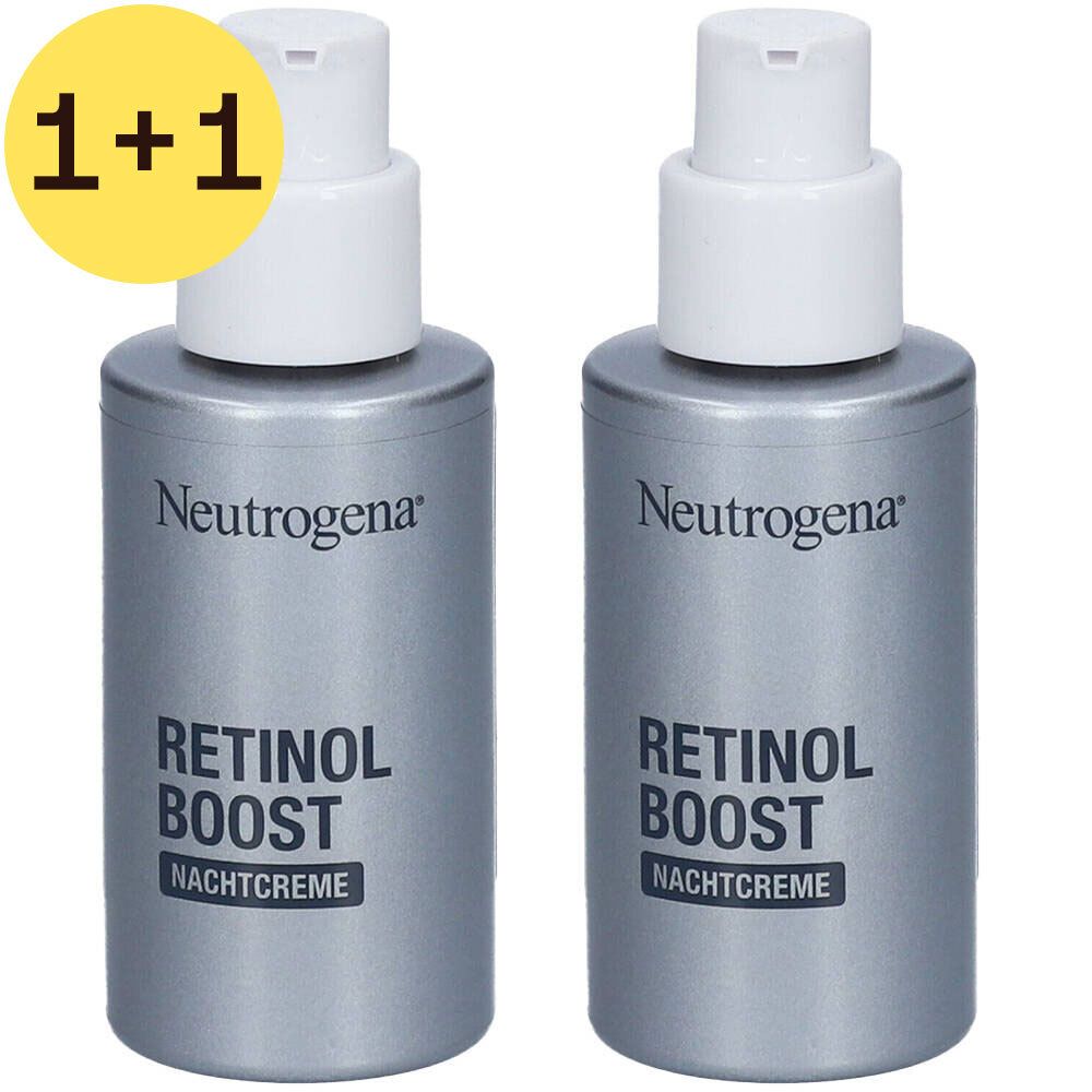 Zwei Flaschen Neutrogena Anti-Age Retinol Boost Nachtcreme. Aufdrucke: 1+1, Marke und Produktname.