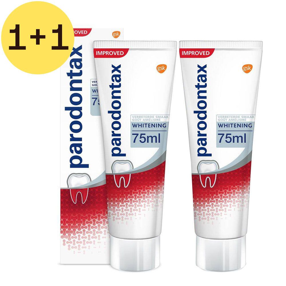 Zwei Tuben Zahnpasta mit der Aufschrift "Whitening" und "75ml". Eine Packung mit "1+1" Angebot.