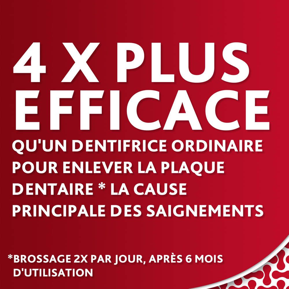 Texte: 4X PLUS EFFICACE. Pour enlever la plaque dentaire. La cause principale des saignements. Brossage 2x par jour, après 6 mois.