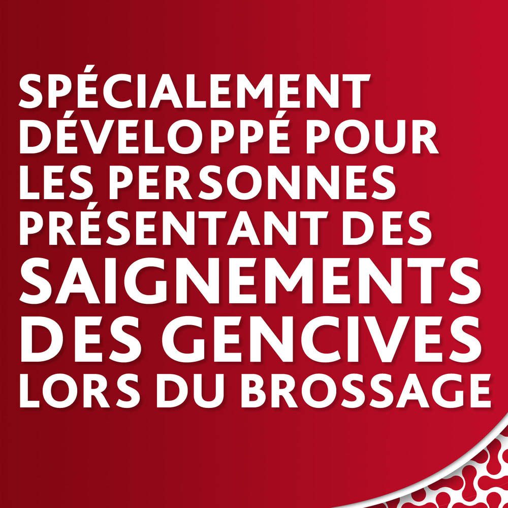 Texte: SPÉCIALEMENT DÉVELOPPÉ POUR LES PERSONNES PRÉSENTANT DES SAIGNEMENTS DES GENCIVES LORS DU BROSSAGE.