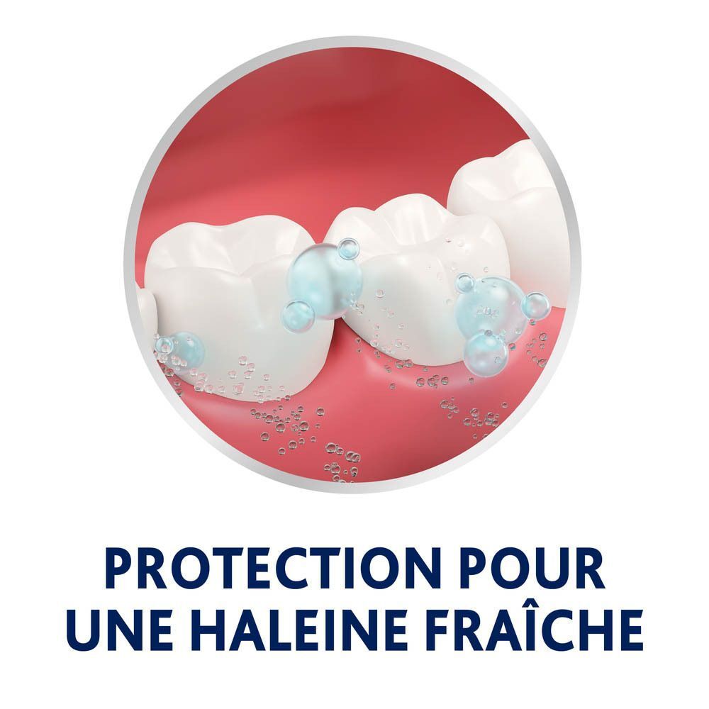 Modèle de dent avec bulles. Texte: Protection pour une haleine fraîche.