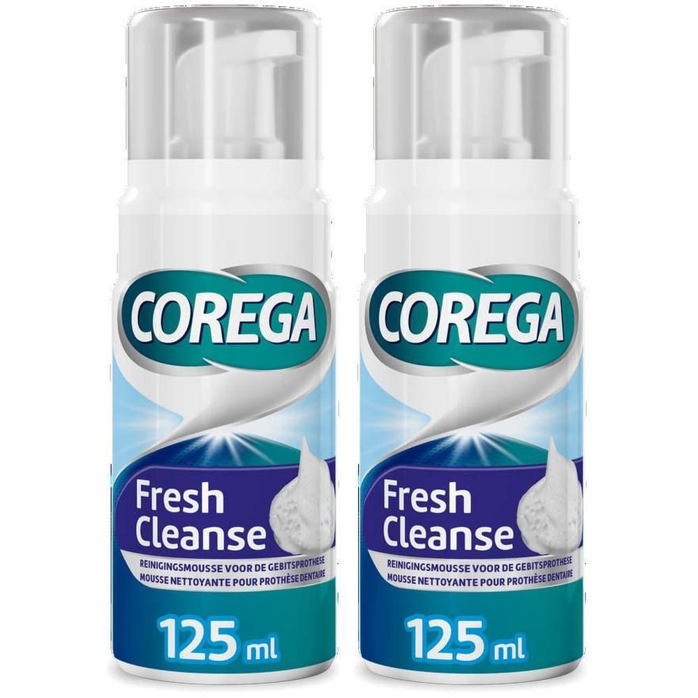 Zwei Flaschen COREGA Fresh Cleanse Reinigungsschaum, je 125 ml.