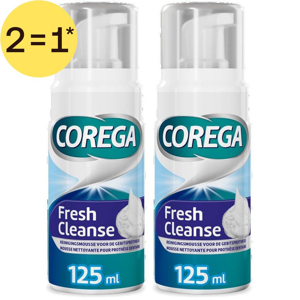 Deux flacons de mousse nettoyante COREGA Fresh Cleanse, 125 ml chacun.