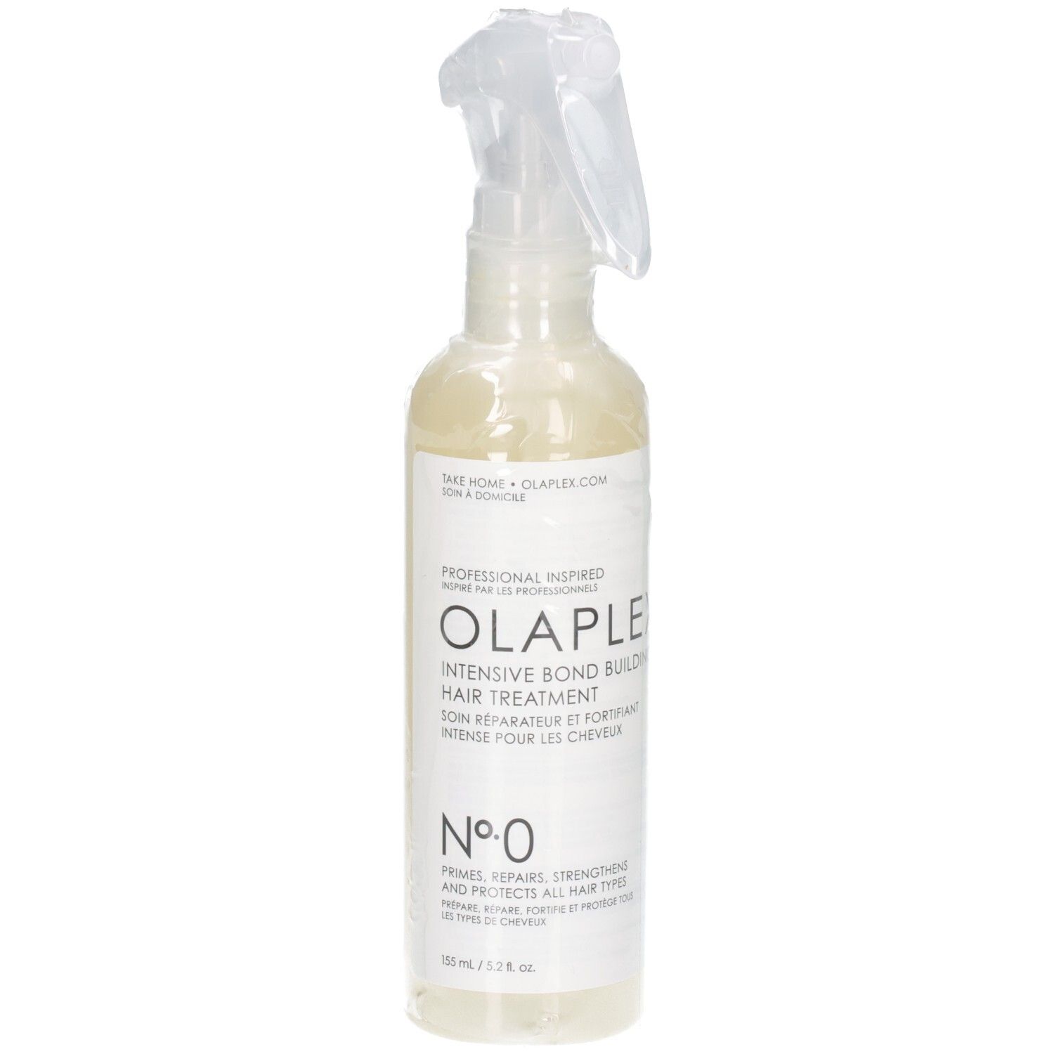 Olaplex Nº.0 Haarbehandlung in klarer Sprühflasche mit weißem Etikett.