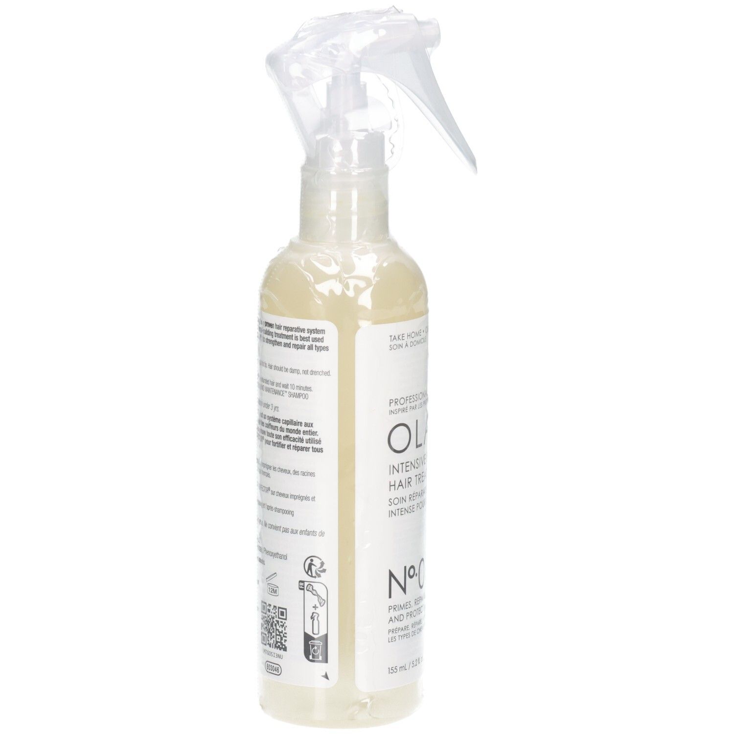 Rückseite der Olaplex Nº.0 Sprühflasche mit detaillierten Anwendungshinweisen.