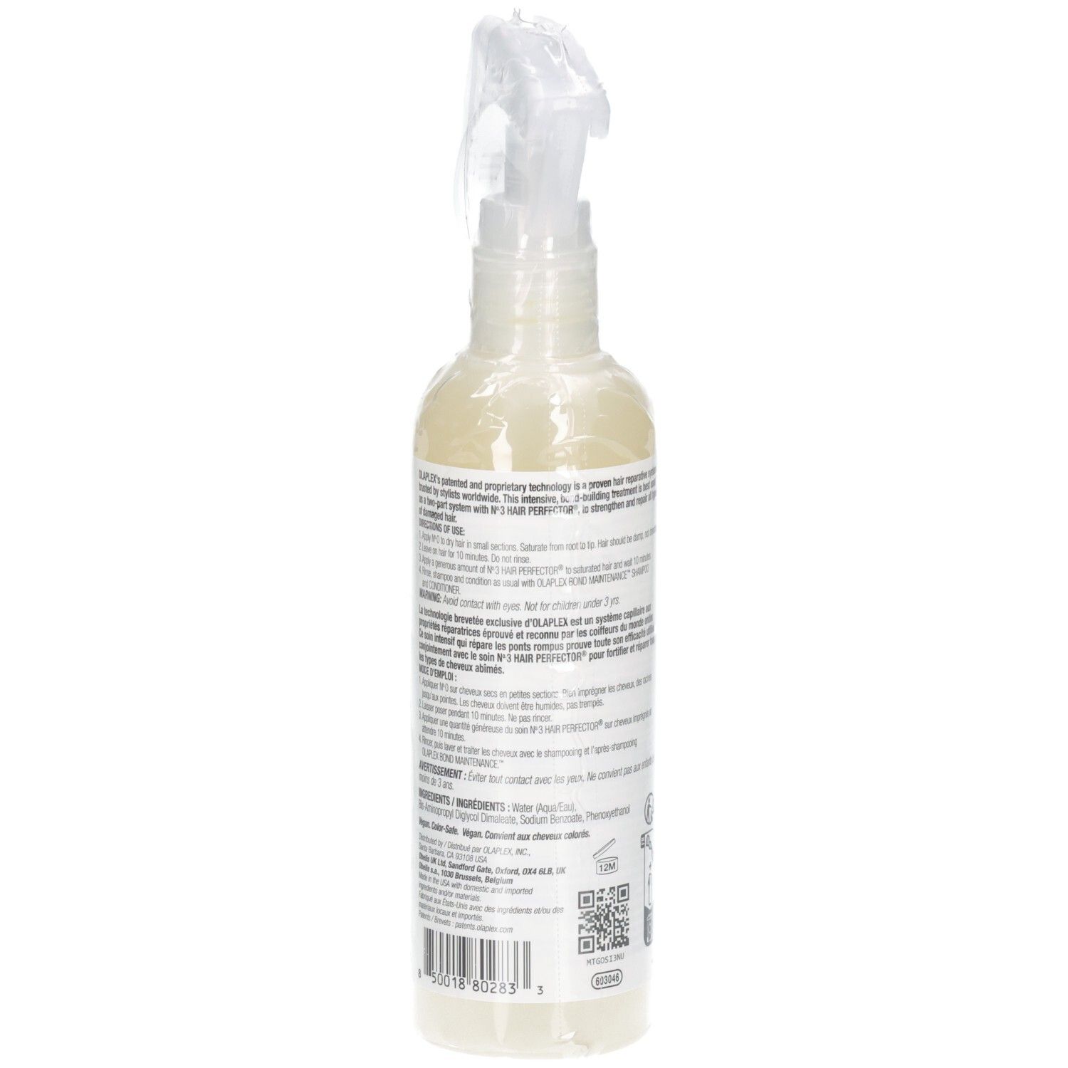 Rückseite der Olaplex Nº.0 Sprühflasche mit Barcode und Inhaltsstoffen.