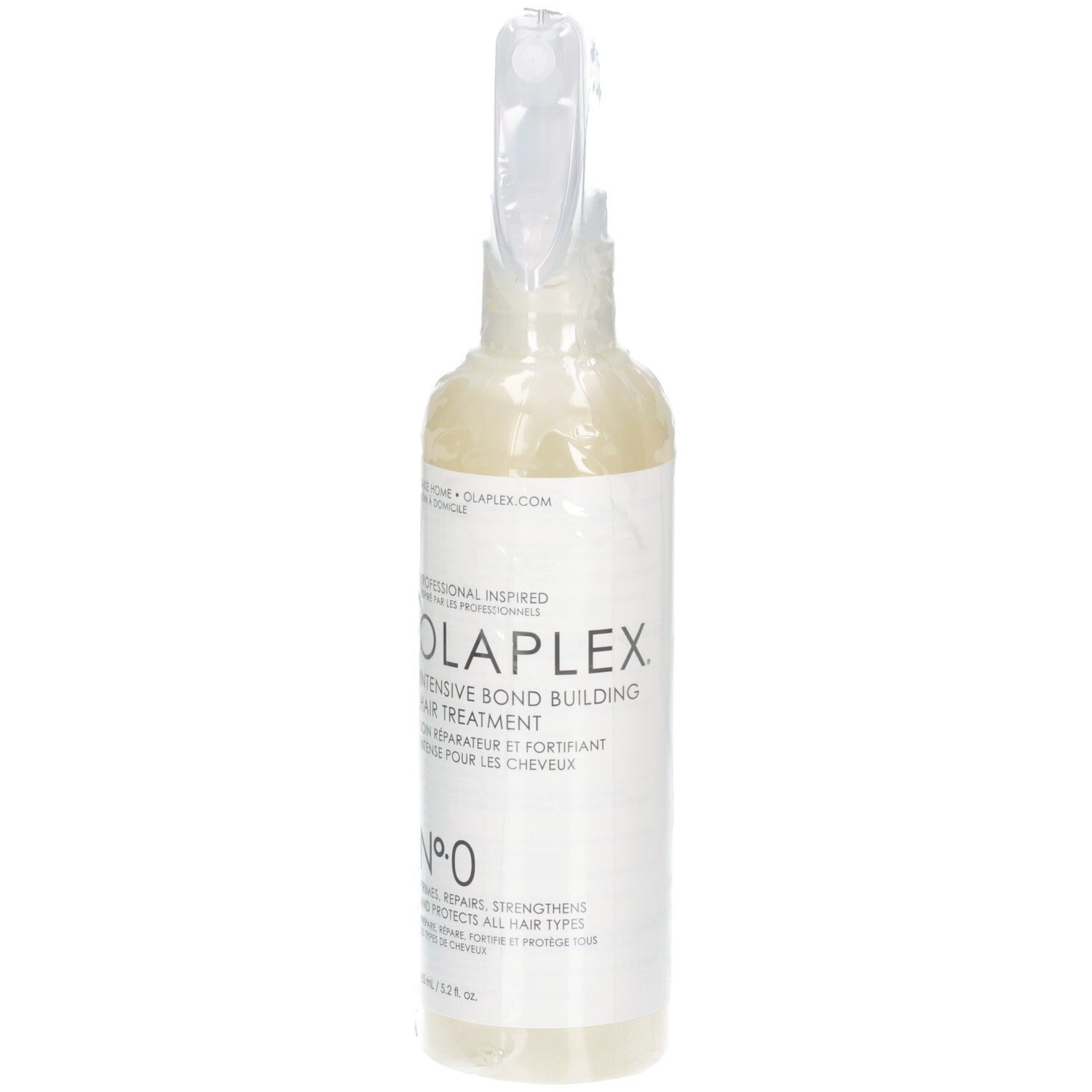 Olaplex Nº.0 Haarbehandlung in klarer Sprühflasche, Vorderansicht.