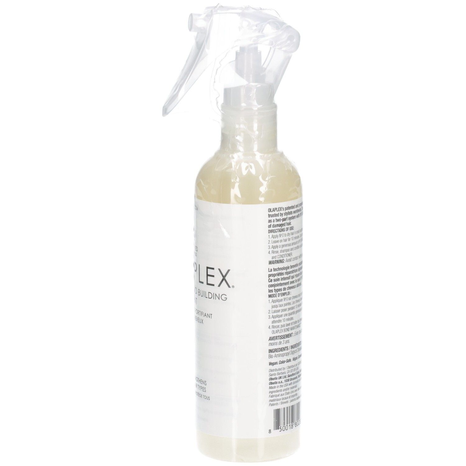Seitenansicht der Olaplex Nº.0 Sprühflasche mit Etikett und Sprühkopf.