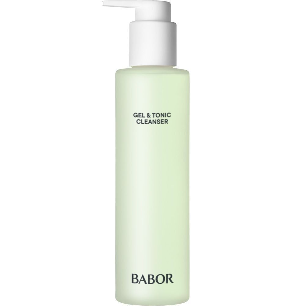 BABOR Gel & Tonic Cleanser in einer transluzenten, hellgrünen Flasche mit weißem Pumpspender.