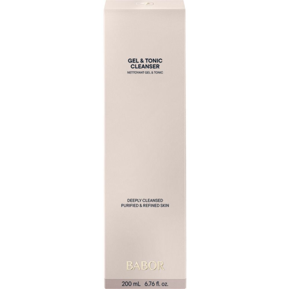 BABOR Gel & Tonic Cleanser. Flacon et emballage. Nom du produit et logo visibles. Texte: 200 ml.